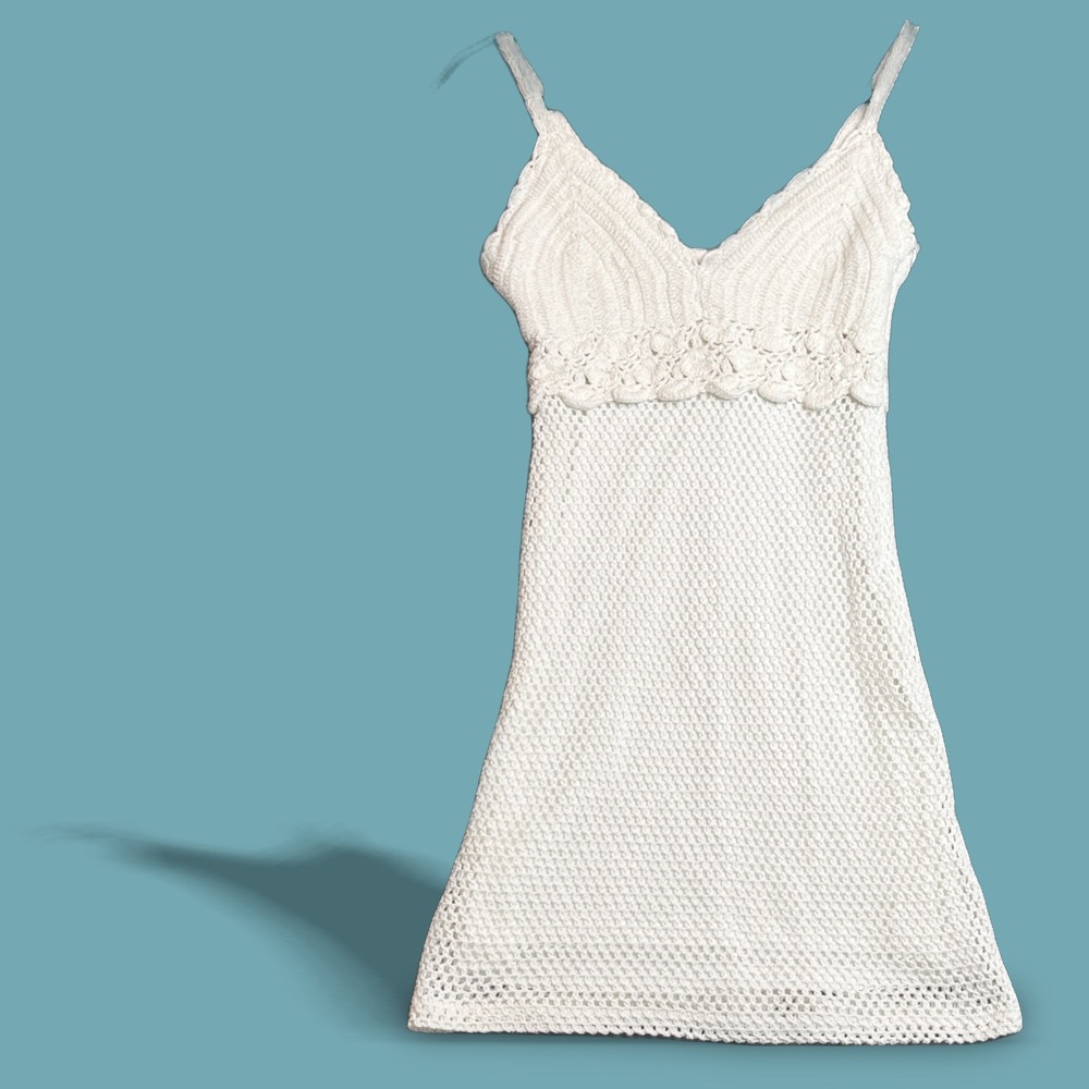Bershka White Crochet Mini Dress Sleeveless Lace Up Back‎ XS Boho Festival